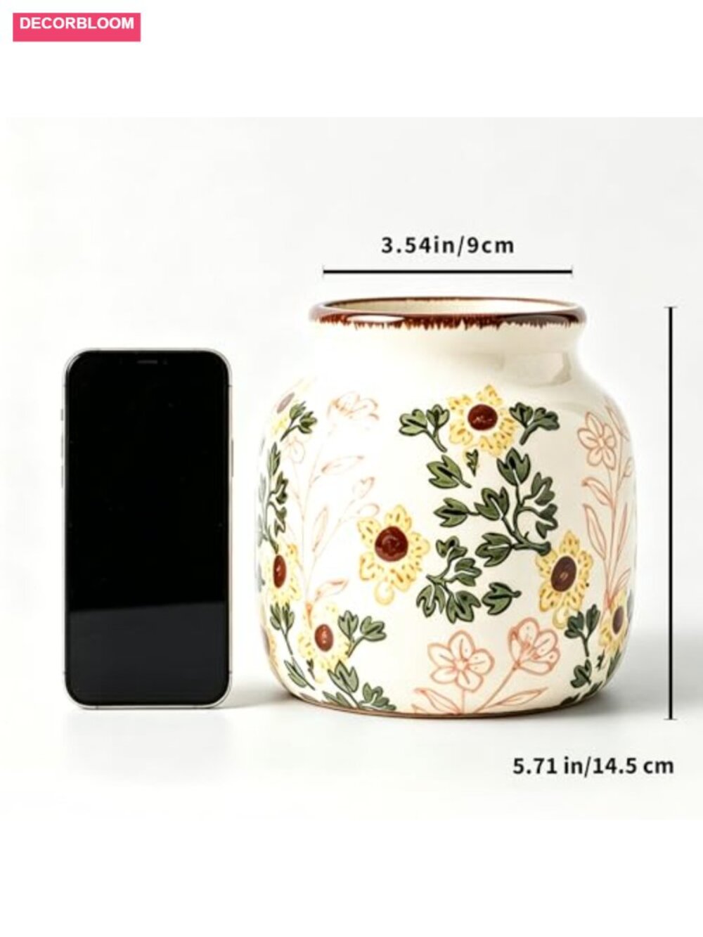 Crackle Glaze Ceramic Utensil Crock with Hand-Painted Flowers, Farmhouse - Picture 2 of 6